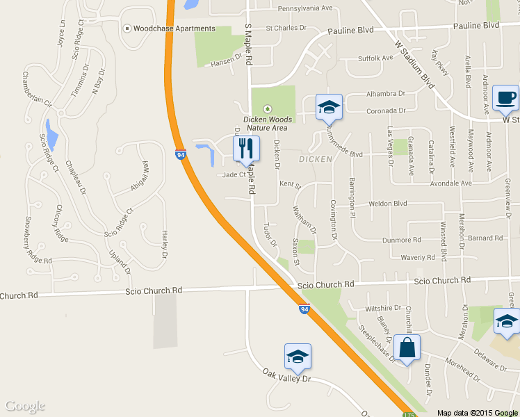 map of restaurants, bars, coffee shops, grocery stores, and more near 1660 Tudor Drive in Ann Arbor