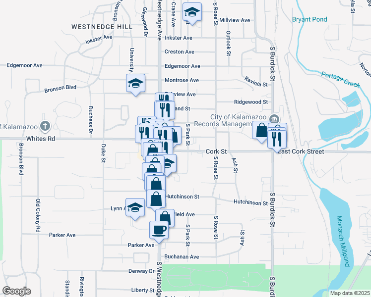 map of restaurants, bars, coffee shops, grocery stores, and more near 327 West Cork Street in Kalamazoo