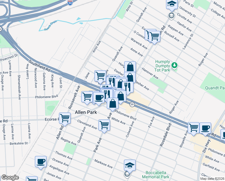 map of restaurants, bars, coffee shops, grocery stores, and more near 15544 Southfield Road in Allen Park