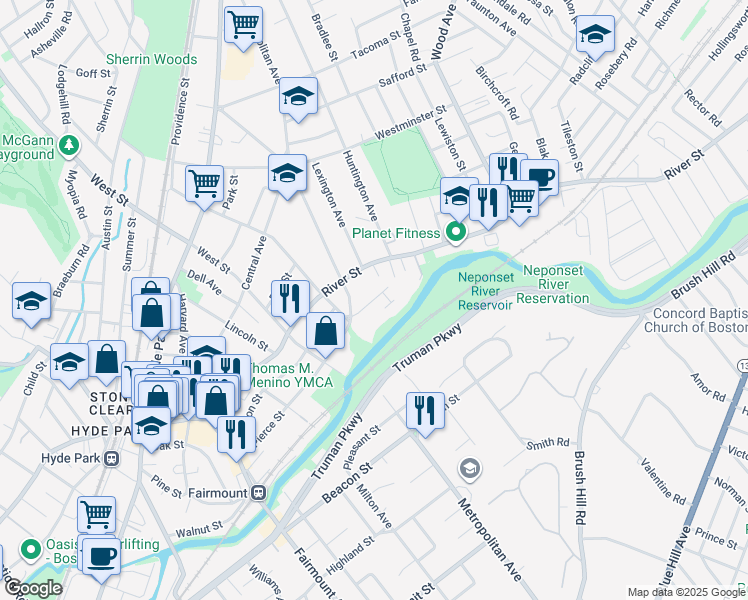 map of restaurants, bars, coffee shops, grocery stores, and more near Riverside Square in Boston