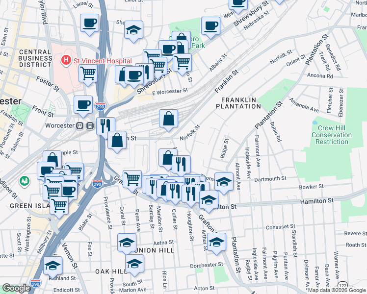 map of restaurants, bars, coffee shops, grocery stores, and more near 13 Groton Place in Worcester