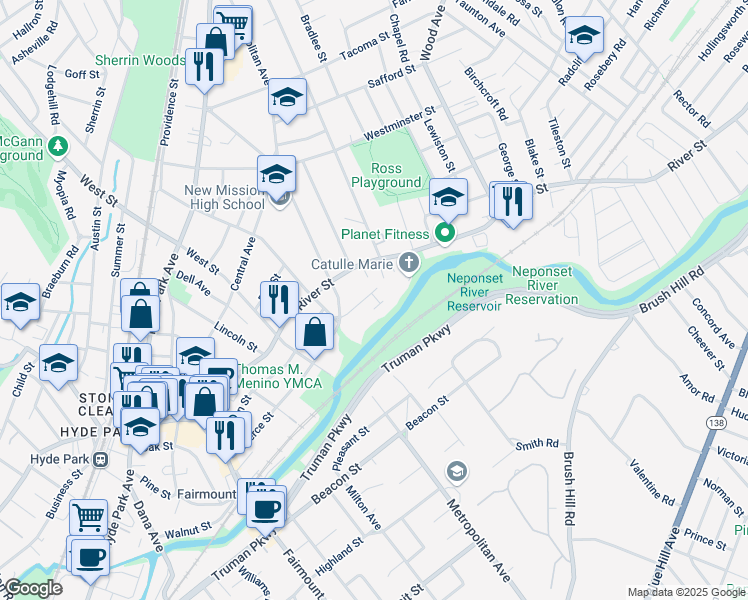 map of restaurants, bars, coffee shops, grocery stores, and more near 21 Riverside Square in Boston