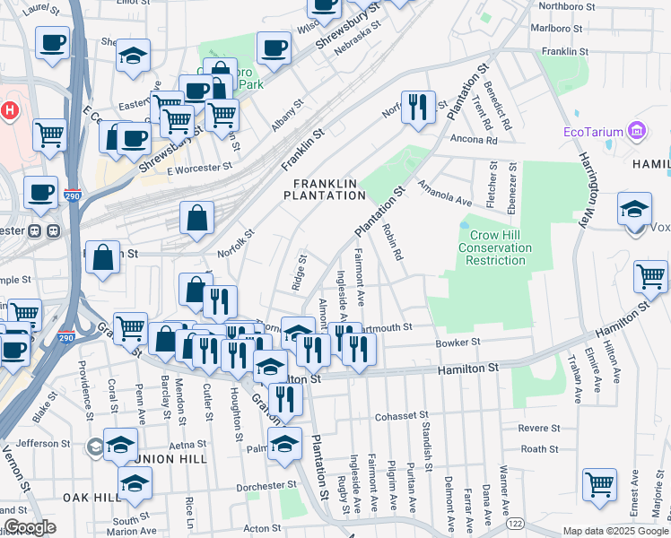 map of restaurants, bars, coffee shops, grocery stores, and more near 136 Plantation Street in Worcester