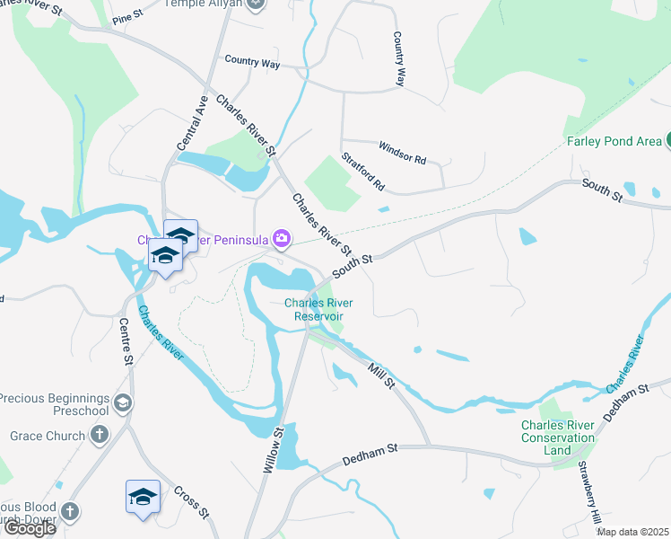 map of restaurants, bars, coffee shops, grocery stores, and more near 1367 South Street in Needham