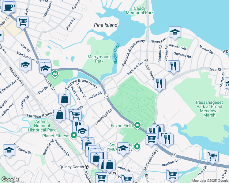 map of restaurants, bars, coffee shops, grocery stores, and more near 164 Merrymount Road in Quincy
