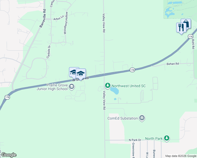 map of restaurants, bars, coffee shops, grocery stores, and more near 3111 Illinois 176 in Crystal Lake