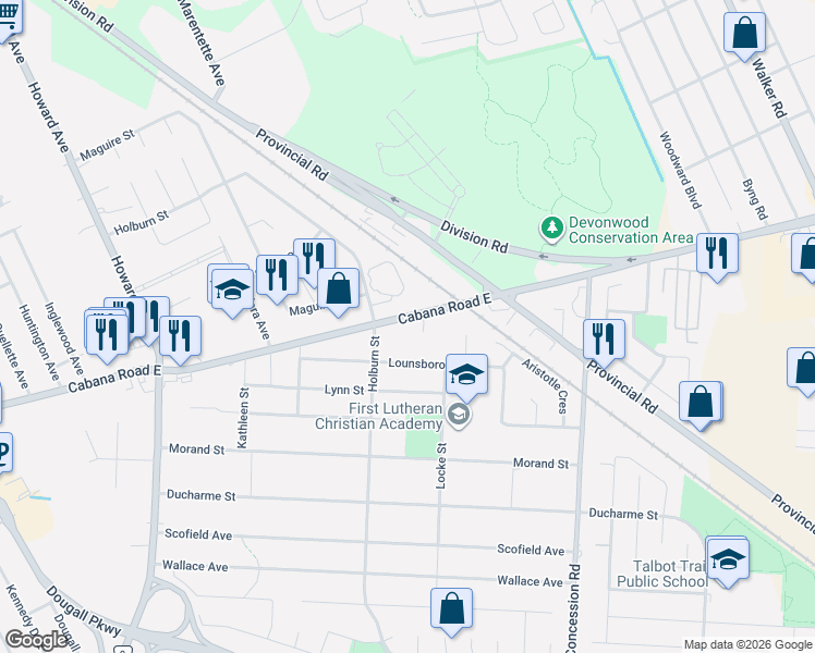 map of restaurants, bars, coffee shops, grocery stores, and more near 835 Cabana Road East in Windsor