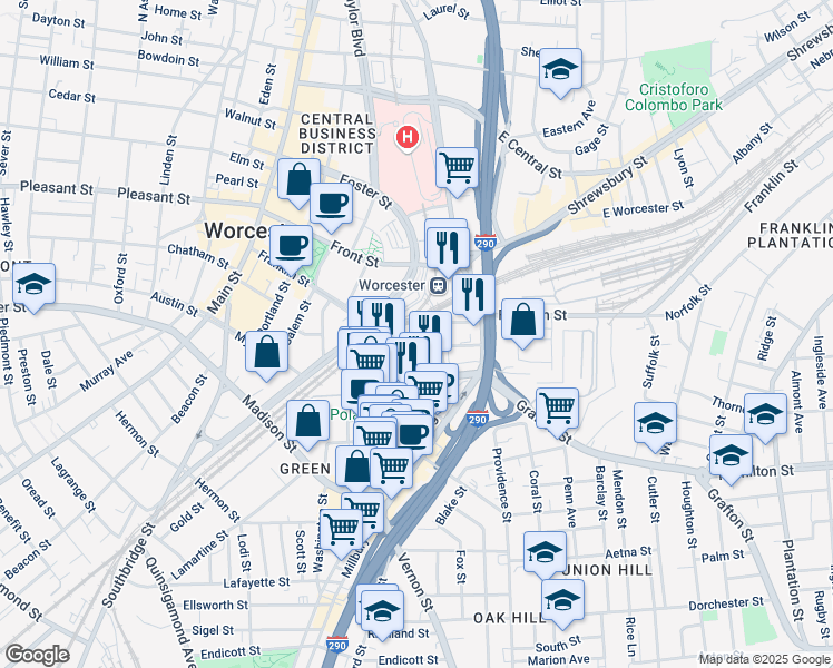 map of restaurants, bars, coffee shops, grocery stores, and more near 40 Temple Street in Worcester