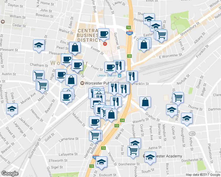 map of restaurants, bars, coffee shops, grocery stores, and more near 40 Temple Street in Worcester