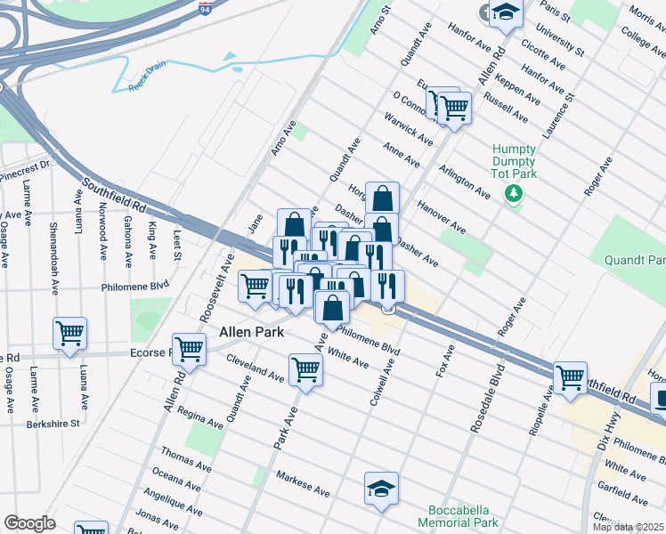 map of restaurants, bars, coffee shops, grocery stores, and more near 15544 Southfield Road in Allen Park