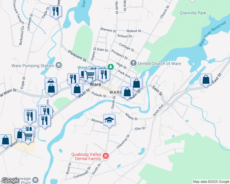 map of restaurants, bars, coffee shops, grocery stores, and more near in Ware