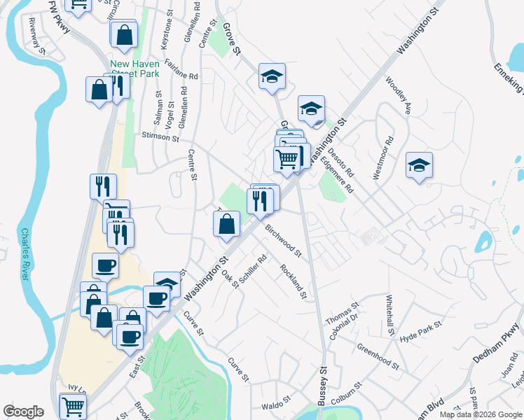 map of restaurants, bars, coffee shops, grocery stores, and more near 5259 Washington Street in Boston