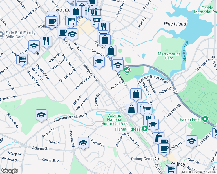 map of restaurants, bars, coffee shops, grocery stores, and more near 573 Newport Avenue in Quincy