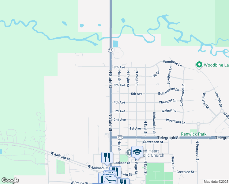 map of restaurants, bars, coffee shops, grocery stores, and more near 1101 North State Street in Marengo