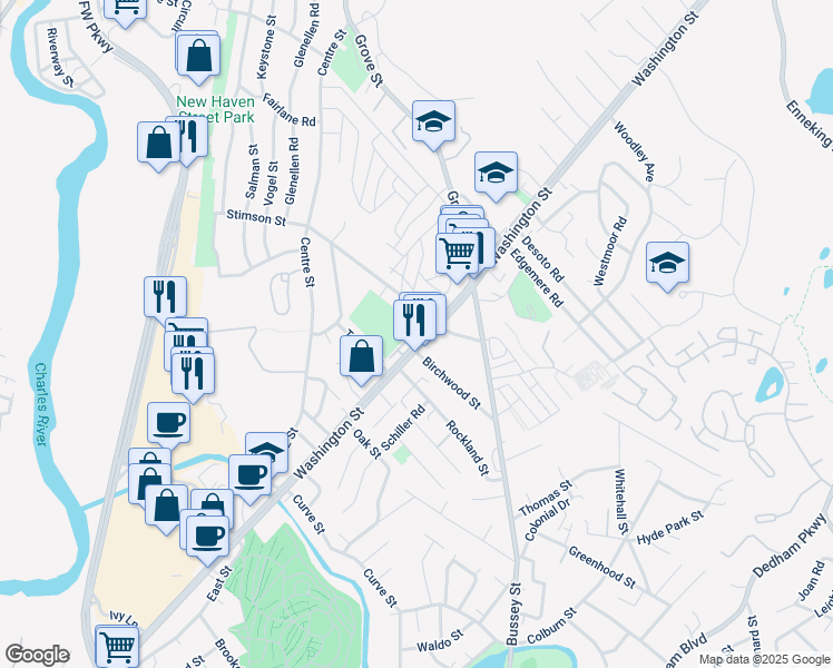 map of restaurants, bars, coffee shops, grocery stores, and more near 5259 Washington Street in Boston