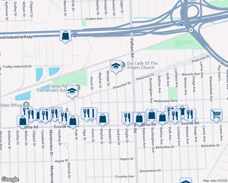 map of restaurants, bars, coffee shops, grocery stores, and more near 20233 Pinecrest Street in Taylor