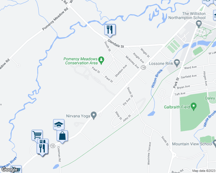 map of restaurants, bars, coffee shops, grocery stores, and more near 355 Main St in Easthampton