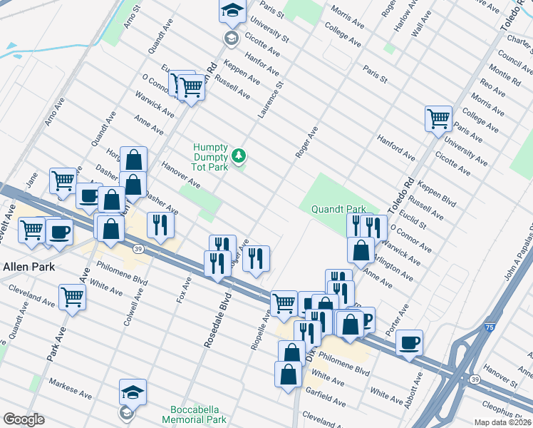 map of restaurants, bars, coffee shops, grocery stores, and more near 14609 Anne Avenue in Allen Park
