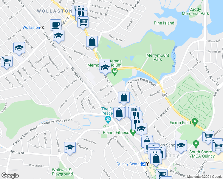 map of restaurants, bars, coffee shops, grocery stores, and more near 8 Gilmore Street in Quincy