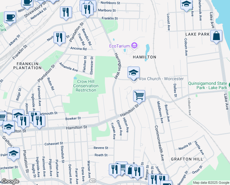 map of restaurants, bars, coffee shops, grocery stores, and more near 25 Superior Road in Worcester