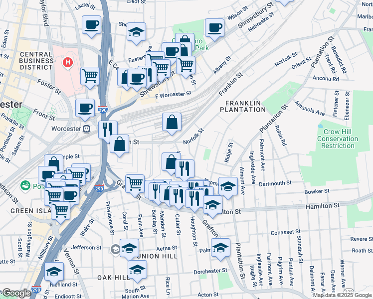map of restaurants, bars, coffee shops, grocery stores, and more near 23 Suffolk Street in Worcester