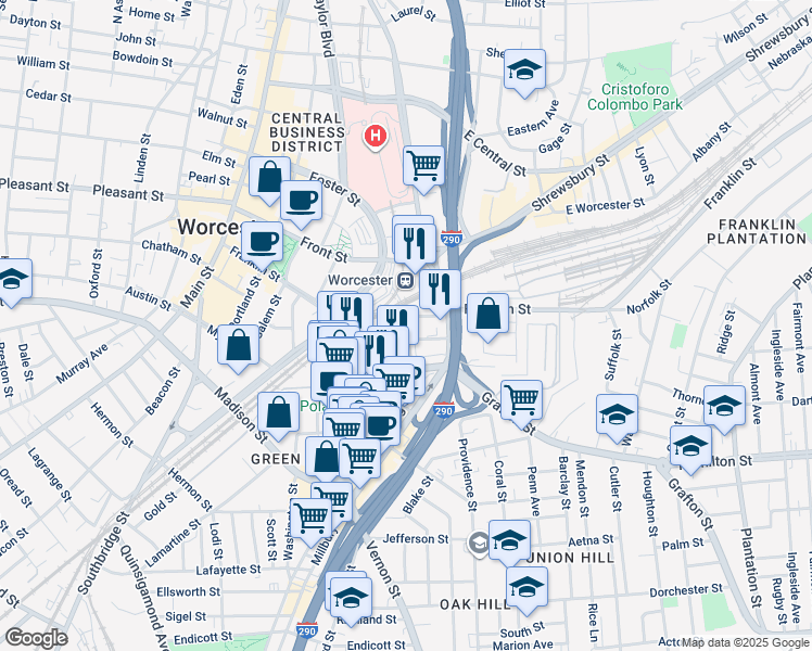 map of restaurants, bars, coffee shops, grocery stores, and more near 53 Temple Street in Worcester
