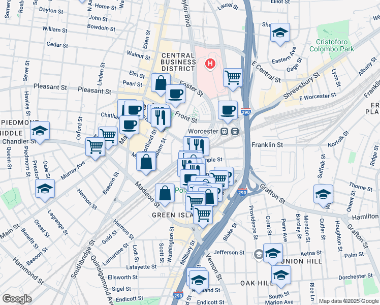 map of restaurants, bars, coffee shops, grocery stores, and more near 2 YWCA Way in Worcester