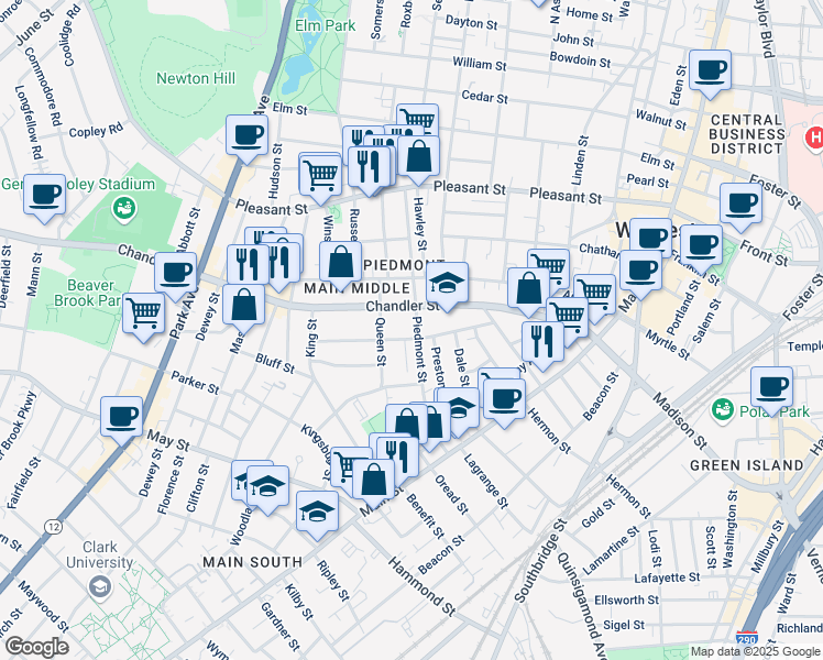map of restaurants, bars, coffee shops, grocery stores, and more near 37 Jaques Avenue in Worcester