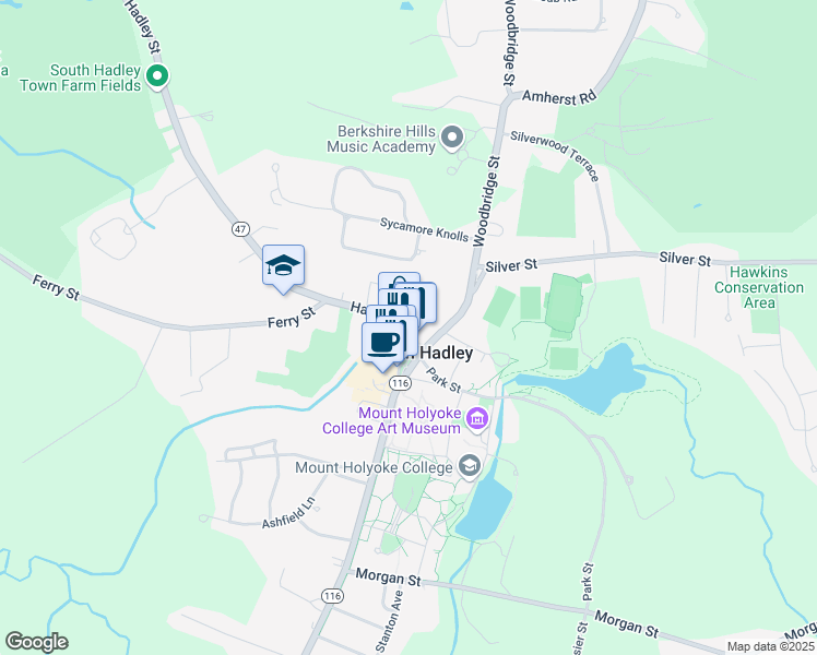 map of restaurants, bars, coffee shops, grocery stores, and more near 7 College Street in South Hadley