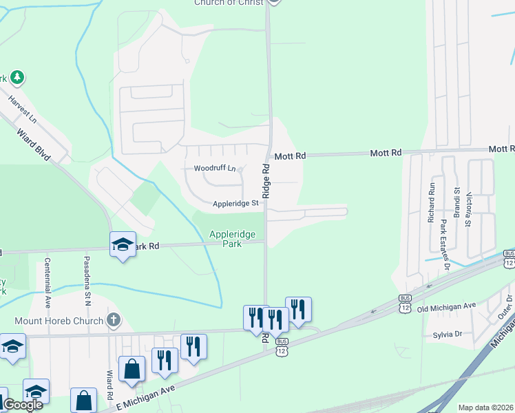 map of restaurants, bars, coffee shops, grocery stores, and more near 2898 Appleridge Street in Ypsilanti