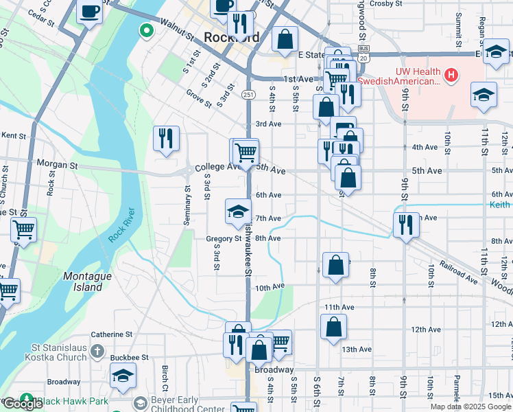 map of restaurants, bars, coffee shops, grocery stores, and more near 728 Kishwaukee Street in Rockford