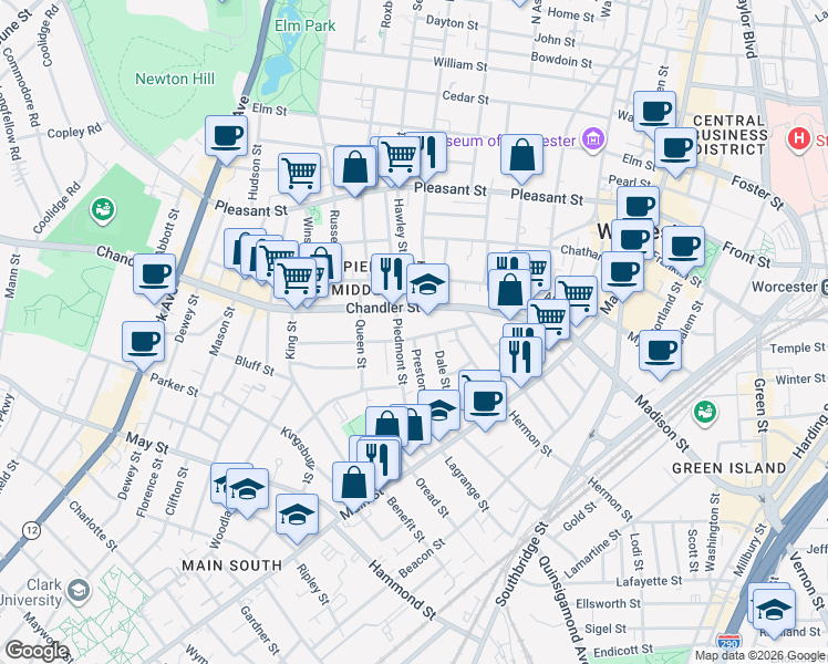 map of restaurants, bars, coffee shops, grocery stores, and more near 22 Jaques Avenue in Worcester