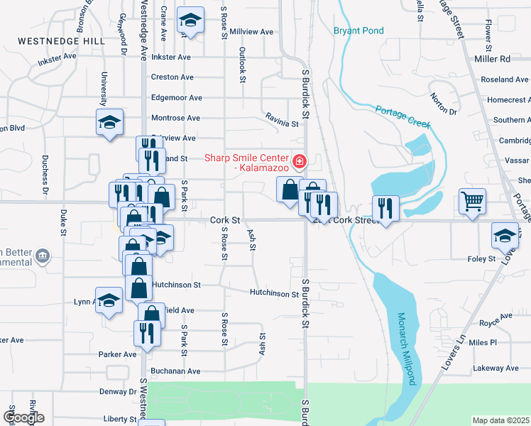 map of restaurants, bars, coffee shops, grocery stores, and more near 114 West Cork Street in Kalamazoo