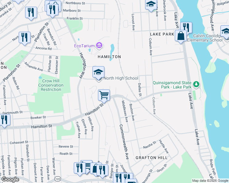 map of restaurants, bars, coffee shops, grocery stores, and more near 407 Hamilton Street in Worcester
