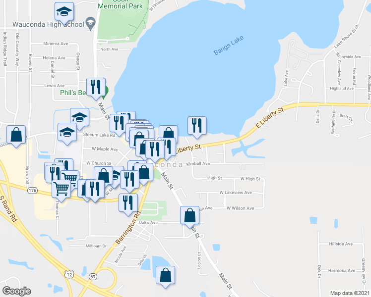 map of restaurants, bars, coffee shops, grocery stores, and more near 227 East Liberty Street in Wauconda