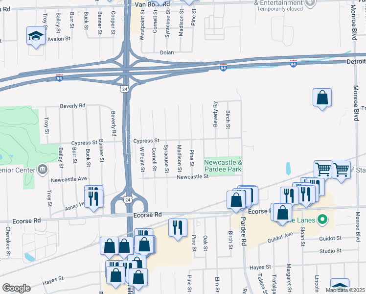 map of restaurants, bars, coffee shops, grocery stores, and more near 6664 Pine Street in Taylor