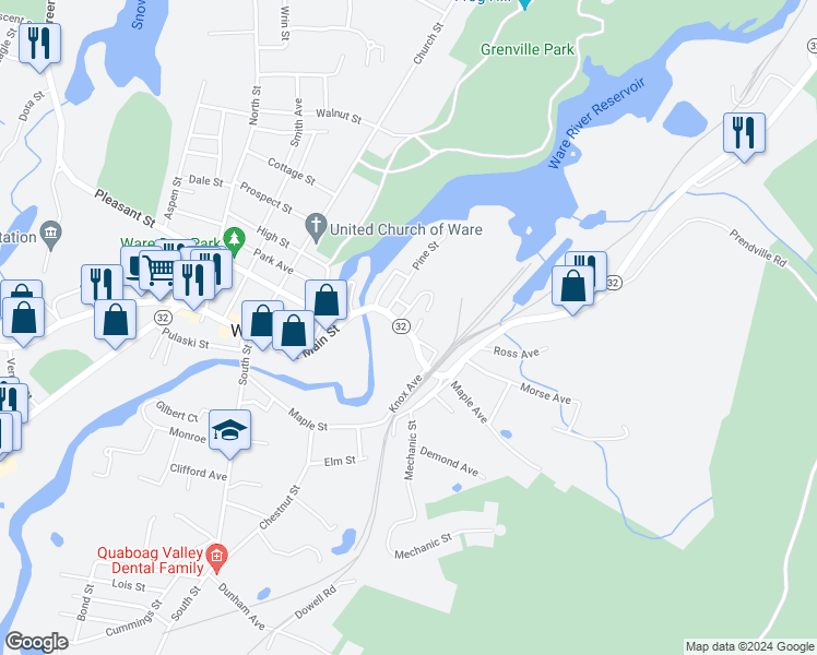 map of restaurants, bars, coffee shops, grocery stores, and more near 26 East Street in Ware