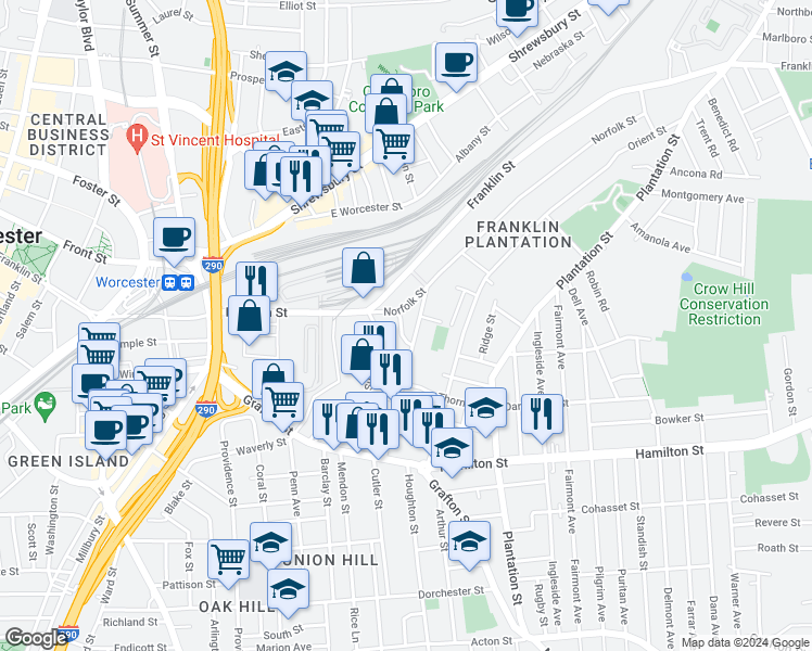 map of restaurants, bars, coffee shops, grocery stores, and more near 16 Groton Place in Worcester