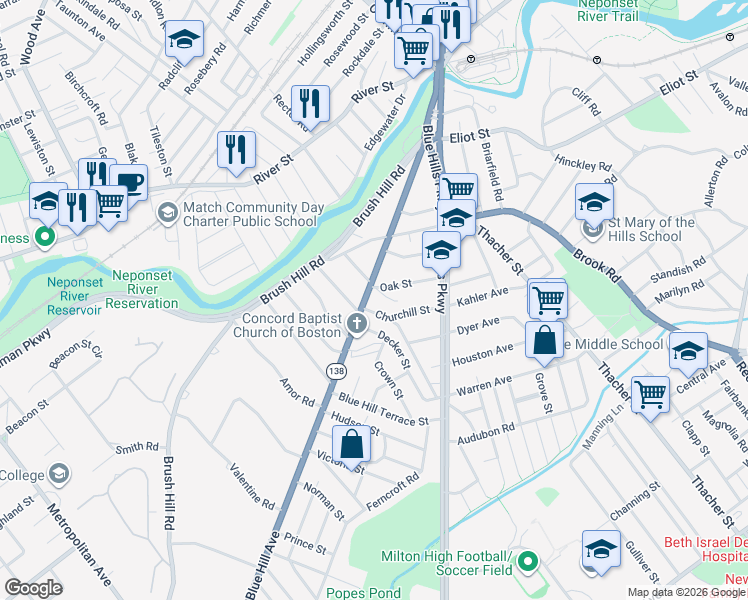 map of restaurants, bars, coffee shops, grocery stores, and more near 152 Blue Hill Avenue in Milton