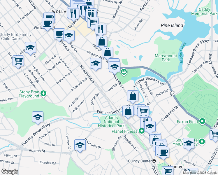 map of restaurants, bars, coffee shops, grocery stores, and more near 29 Gilmore Street in Quincy