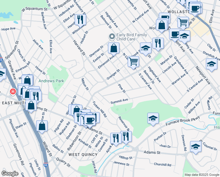map of restaurants, bars, coffee shops, grocery stores, and more near 133 Hillside Avenue in Quincy