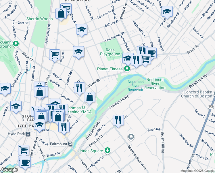 map of restaurants, bars, coffee shops, grocery stores, and more near 21 Riverside Square in Boston
