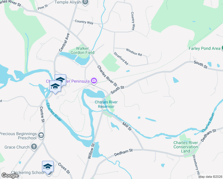 map of restaurants, bars, coffee shops, grocery stores, and more near 1367 South Street in Needham
