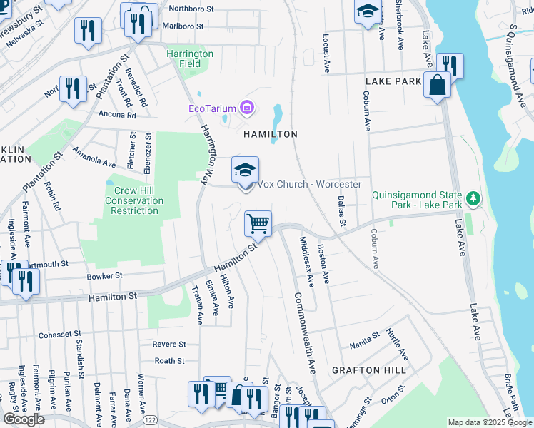 map of restaurants, bars, coffee shops, grocery stores, and more near 3 Jonathan Circle in Worcester