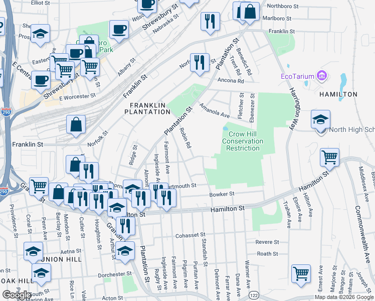 map of restaurants, bars, coffee shops, grocery stores, and more near 42 Robin Road in Worcester