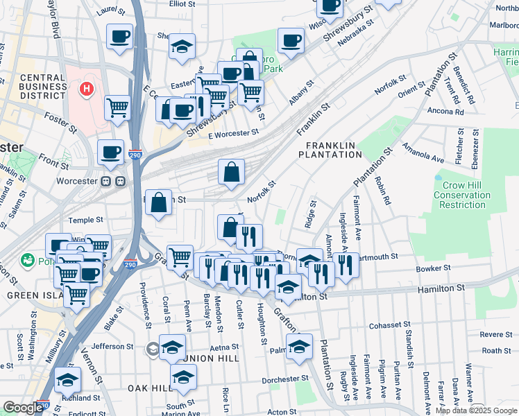 map of restaurants, bars, coffee shops, grocery stores, and more near 60 Wall Street in Worcester