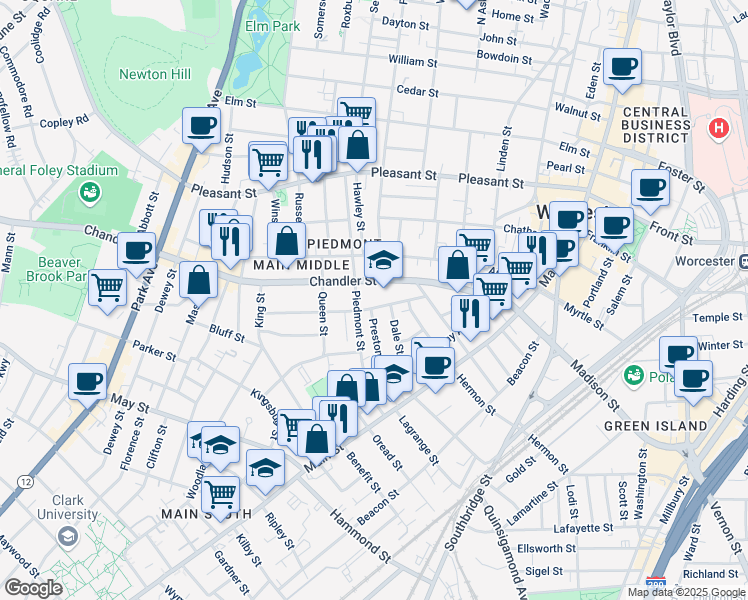map of restaurants, bars, coffee shops, grocery stores, and more near 19 Jaques Avenue in Worcester