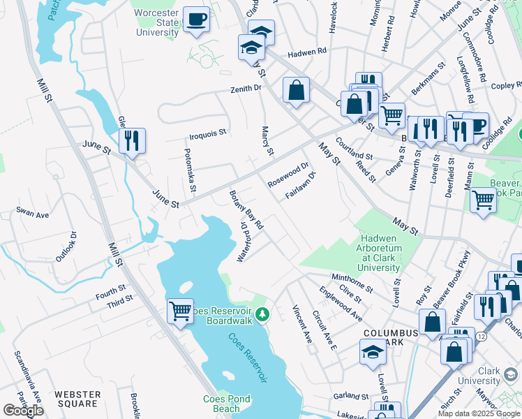 map of restaurants, bars, coffee shops, grocery stores, and more near 10 Rosslare Drive in Worcester