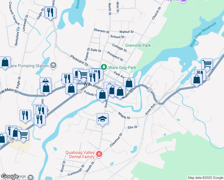 map of restaurants, bars, coffee shops, grocery stores, and more near 50 East Main Street in Ware