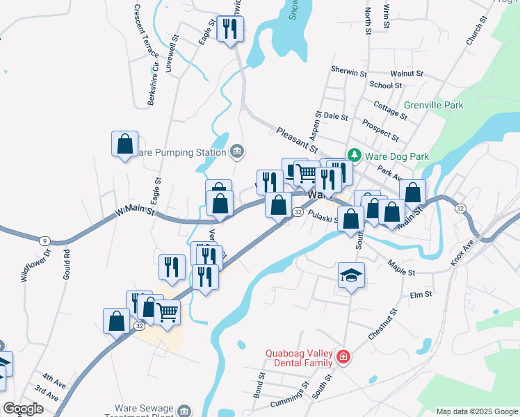 map of restaurants, bars, coffee shops, grocery stores, and more near 51 West Street in Ware